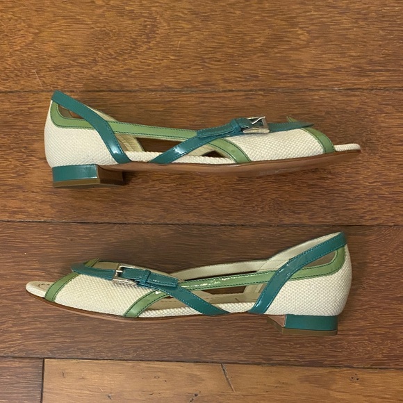 PRADA NWOT Teal Mint Green Blue Cream White Open Toe Flats Sandals Patent - Picture 2 of 5